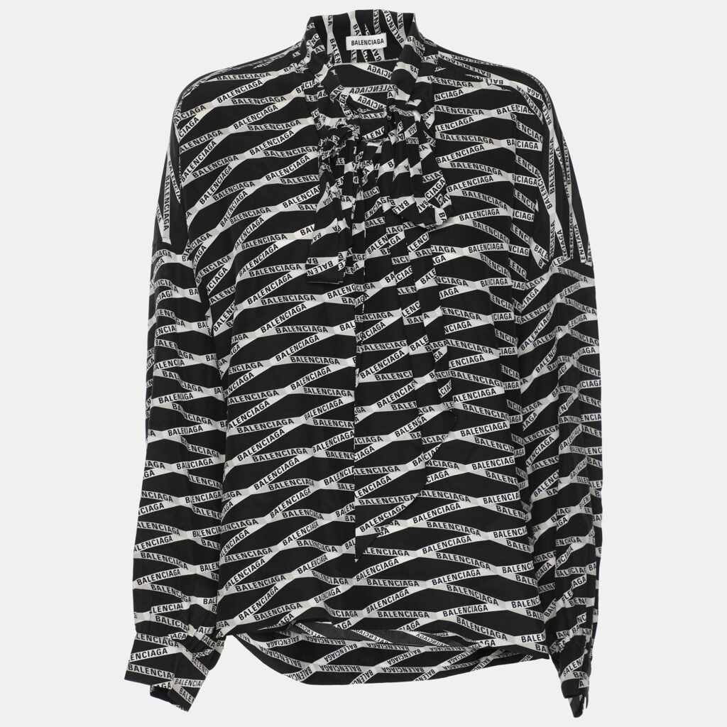 luxury-women-balenciaga-used-clothes-p1133094-002 Balenciaga Black Zig Zag Logo Printed Silk Neck Tie Detail Top M