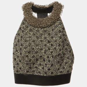 Balenciaga Black/White Eyelet and Ring Embellished Tweed Halter Neck Top M