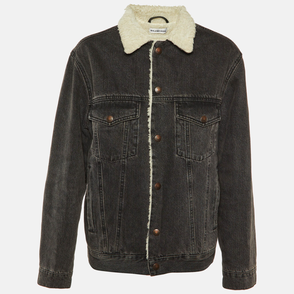 luxury-women-balenciaga-used-clothes-p1137580-002 Balenciaga Black Denim Button Front Shearling Jacket S