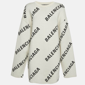 Balenciaga Off-White Monogram Jacquard Knit Crew Neck Sweater S