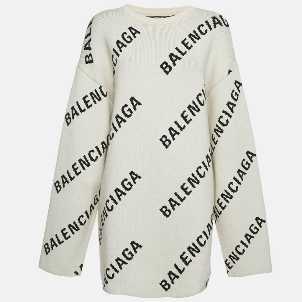 luxury-women-balenciaga-used-clothes-p1142864-001 Balenciaga Off-White Monogram Jacquard Knit Crew Neck Sweater S