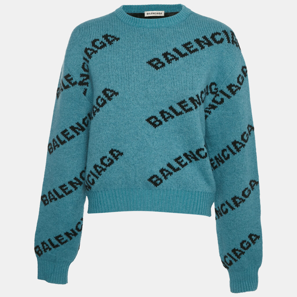 luxury-women-balenciaga-used-clothes-p1144108-004 Balenciaga Blue Logo Intarsia Wool Crewneck Sweater M