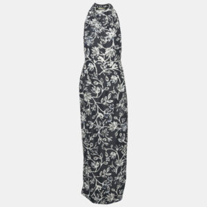 balenciaga navy blue floral print crepe silk sleeveless gown l