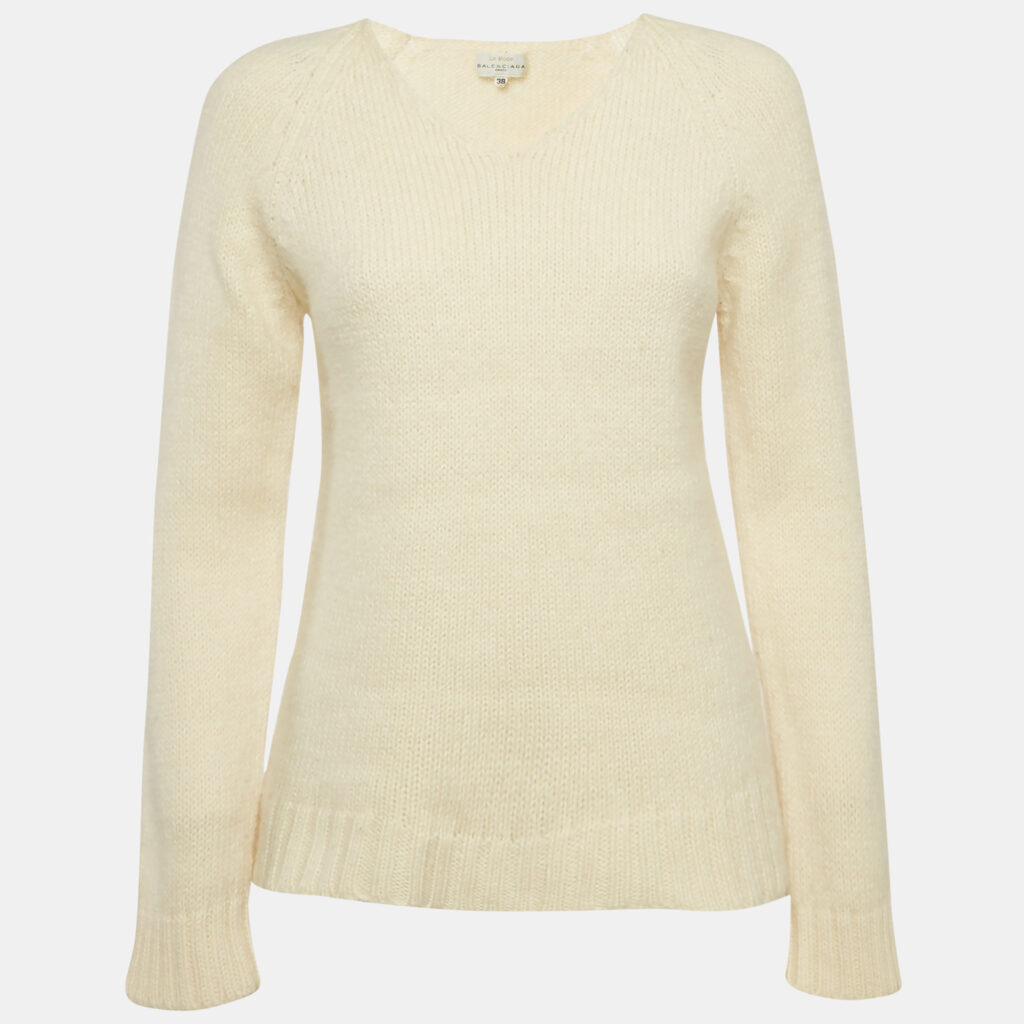 Balenciaga Vintage La Mode Cream Rib Knit V-Neck Sweater M