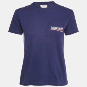 Balenciaga Ink Blue Logo Print Cotton Crew Neck T-Shirt M