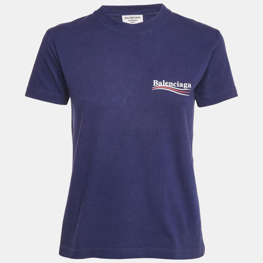 Balenciaga Ink Blue Logo Print Cotton Crew Neck T-Shirt M