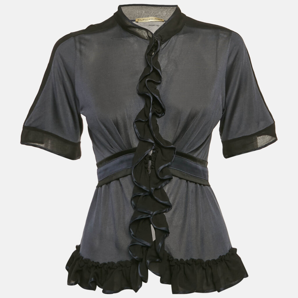 luxury-women-balenciaga-used-clothes-p1169272-001 Balenciaga Navy Blue Silk Jersey Ruffled Top M