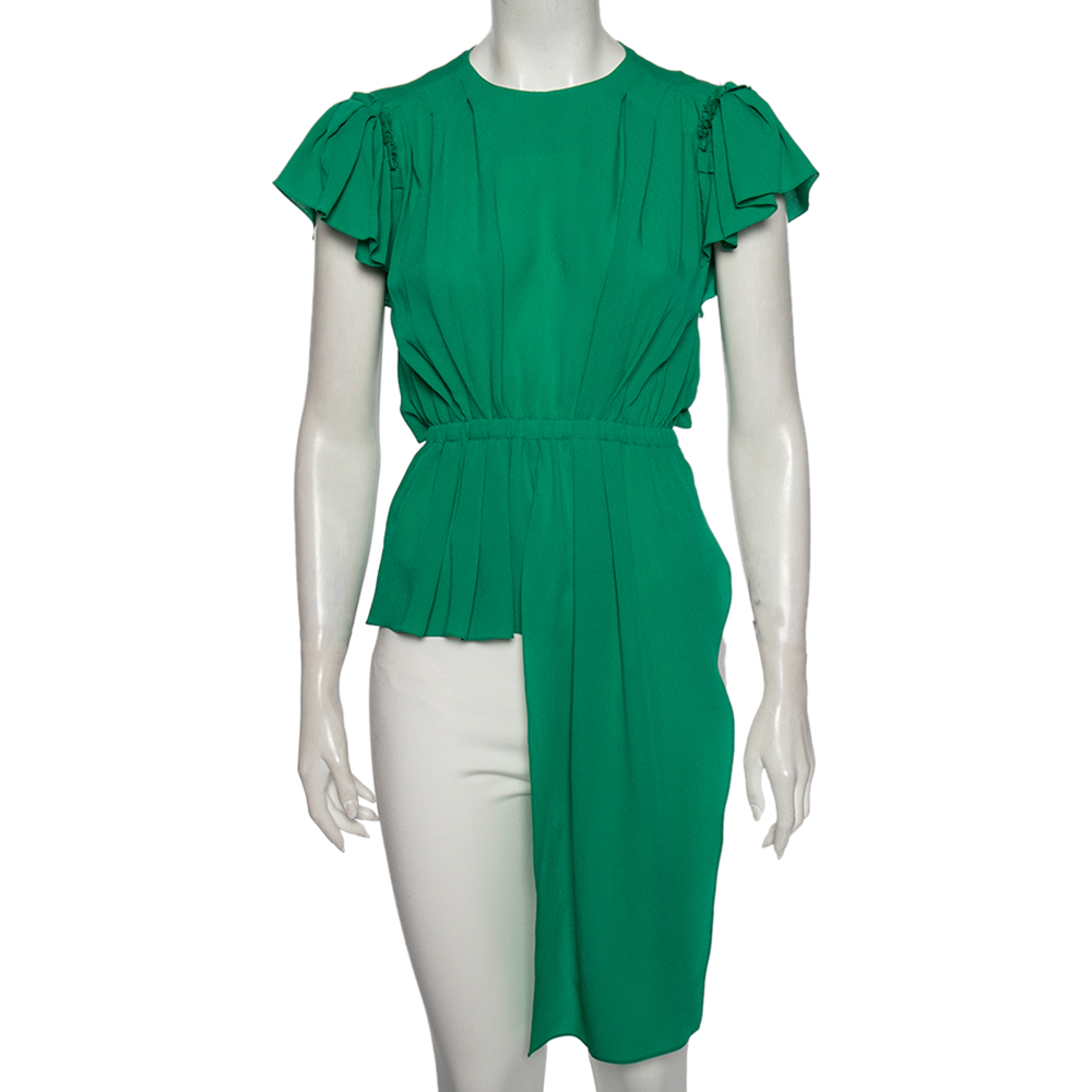 luxury-women-balenciaga-used-clothes-p499578-001 Balenciaga Green Silk Pleated Asymmetrical Blouse S