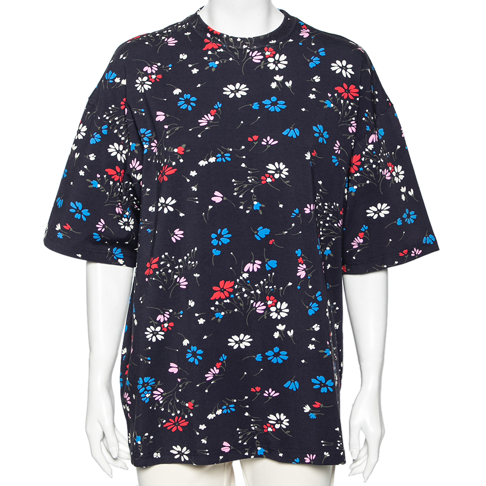 luxury-women-balenciaga-used-clothes-p591891-009-2 Balenciaga Navy Blue Floral Printed Cotton Oversized Short Sleeve T-Shirt M