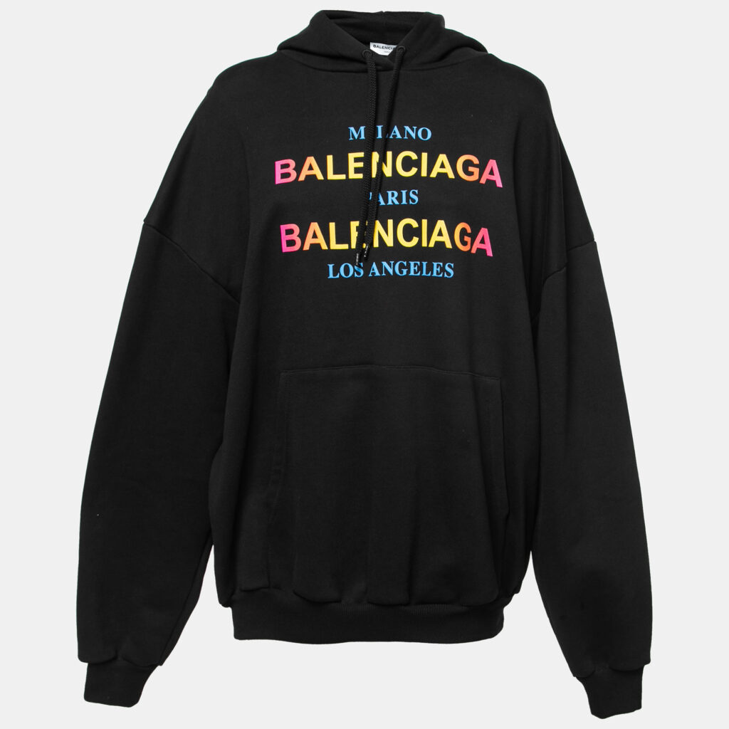 luxury-women-balenciaga-used-clothes-p755519-001 Balenciaga Black Cotton Multi-City Logo Print Hooded Sweatshirt M