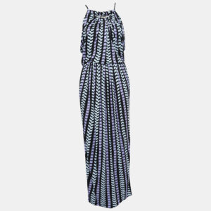 Balenciaga Black/Purple Patterned Jersey Strappy Draped Maxi Dress S