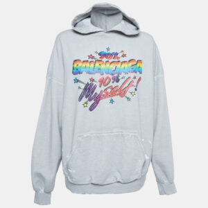 Balenciaga Grey Distressed Cotton Graphic Print Hoodie S