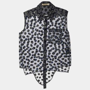Balenciaga Navy Blue Dotted Pattern Organza Button Front Blouse M