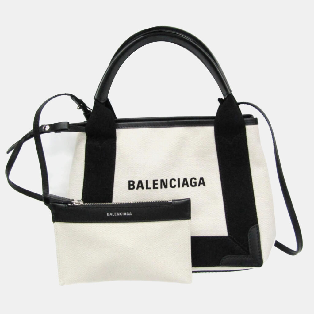 luxury-women-balenciaga-used-handbags-p1020522-002 Balenciaga Black/Off-white Canvas and Leather Navy Cabas XS Tote Bag
