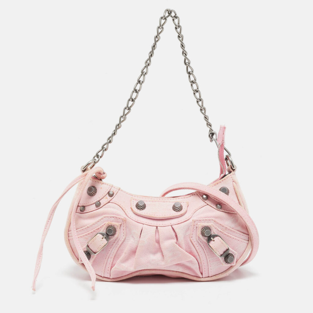 luxury-women-balenciaga-used-handbags-p1122214-015 Balenciaga Light Pink BB Monogram Denim Mini Le Cagole Shoulder Bag