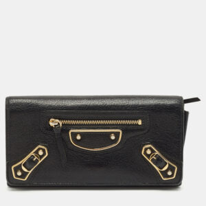 Balenciaga Black Leather Classic Metallic Edge Continental Wallet