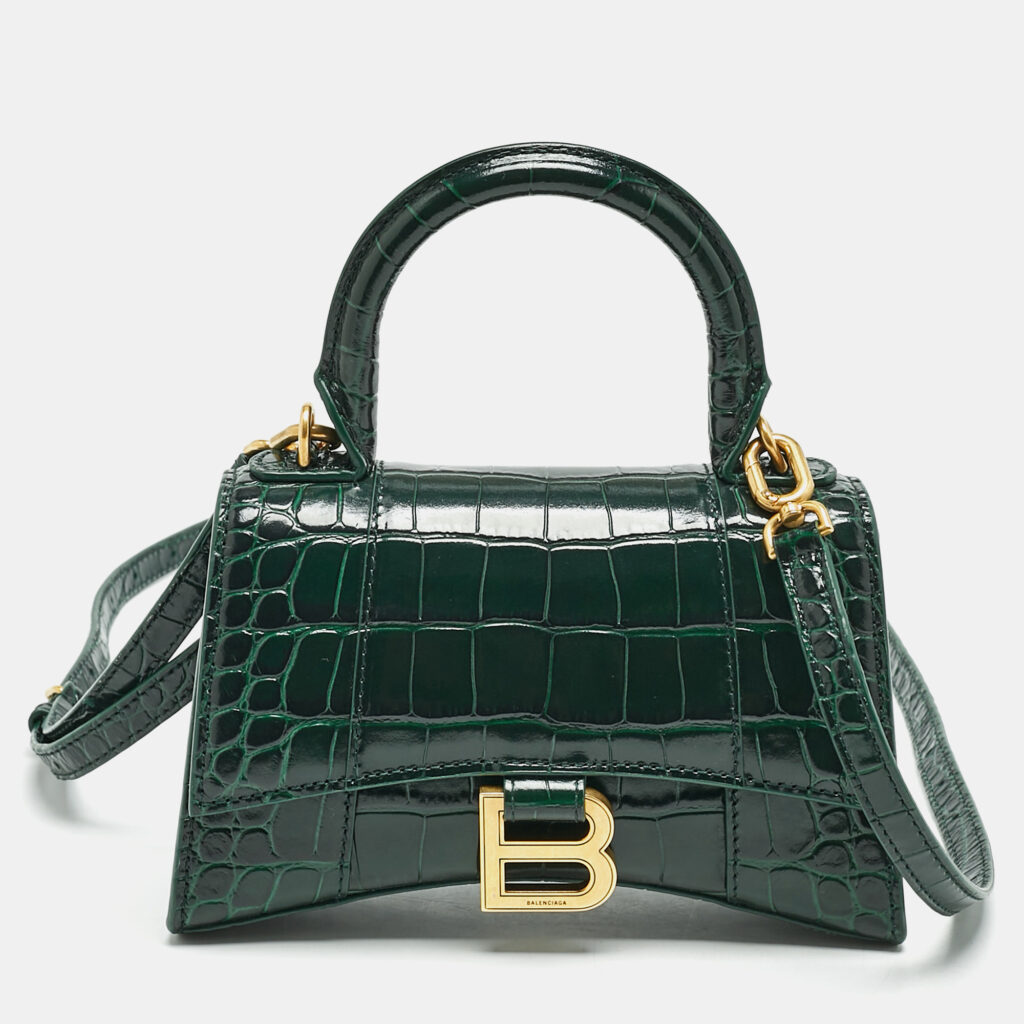 luxury-women-balenciaga-used-handbags-p1153758-005 Balenciaga Green Croc Embossed Leather XS Hourglass Top Handle Bag