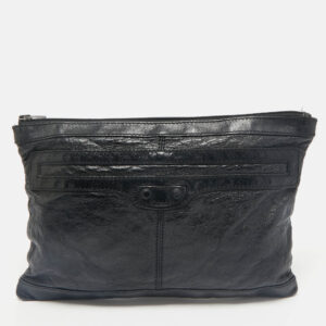 balenciaga black leather arena classic clip m clutch