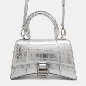 Balenciaga Hourglass XS Silver Croco Embossed Leather Shoulder Bag