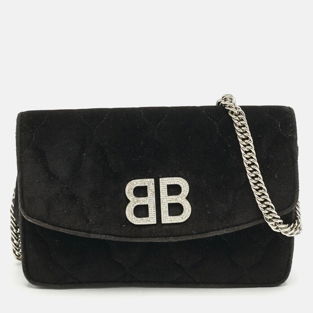 luxury-women-balenciaga-used-handbags-p1169962-013 Balenciaga Black Quilted Velvet BB Crystals Wallet On Chain