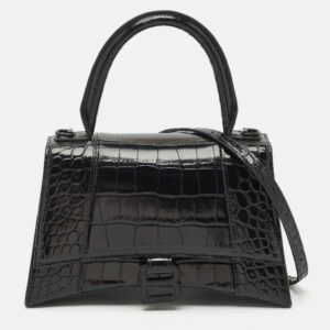 Balenciaga Black Croc Embossed Leather Small Hourglass Top Handle Bag