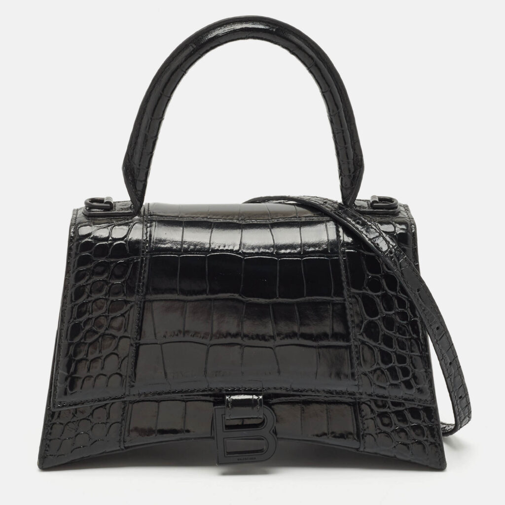 luxury-women-balenciaga-used-handbags-p1170236-014 Balenciaga Black Croc Embossed Leather Small Hourglass Top Handle Bag