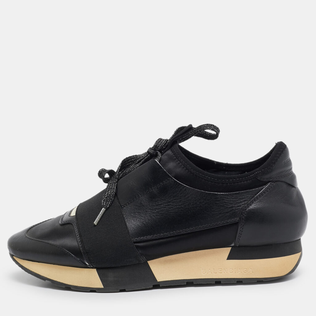 luxury-women-balenciaga-used-shoes-p1015974-006 Balenciaga Black Leather and Fabric Race Runner Sneakers Size 37