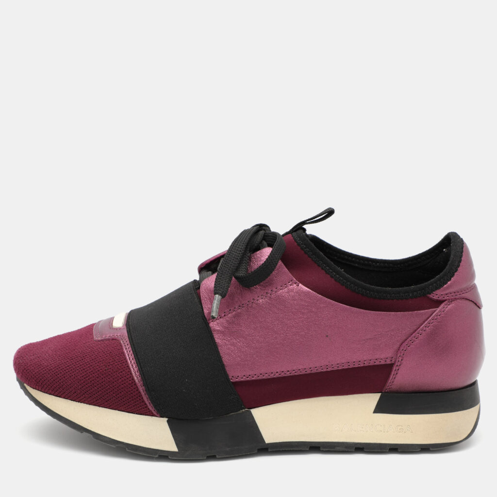 luxury-women-balenciaga-used-shoes-p1029485-001 Balenciaga Purple Knit Fabric and Leather Race Runner Sneakers Size 36