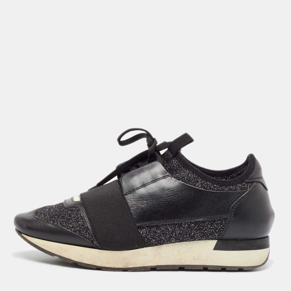 luxury-women-balenciaga-used-shoes-p1035026-002 Balenciaga Black Fabric and Leather Race Runner Lace Up Sneakers Size 38
