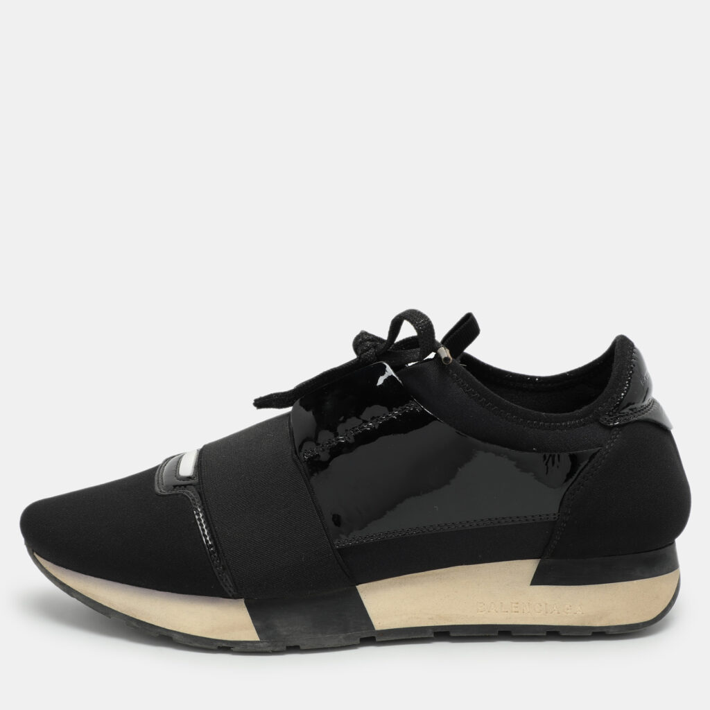 luxury-women-balenciaga-used-shoes-p1040751-001 Balenciaga Black Patent Leather and Fabric Race Runner Low Top Sneakers Size 39