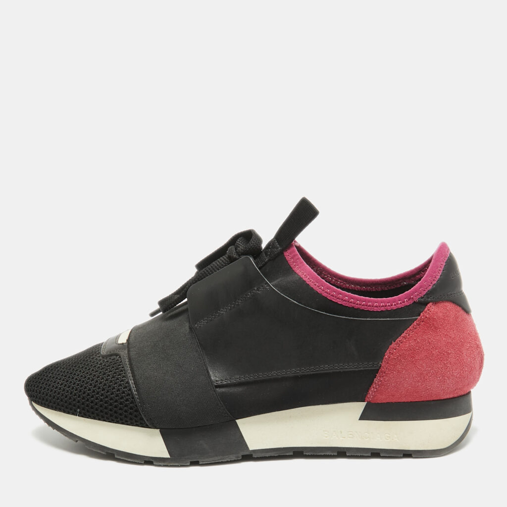 luxury-women-balenciaga-used-shoes-p1041503-001 Balenciaga Black Leather and Mesh Race Runner Lace Up Sneakers Size 39
