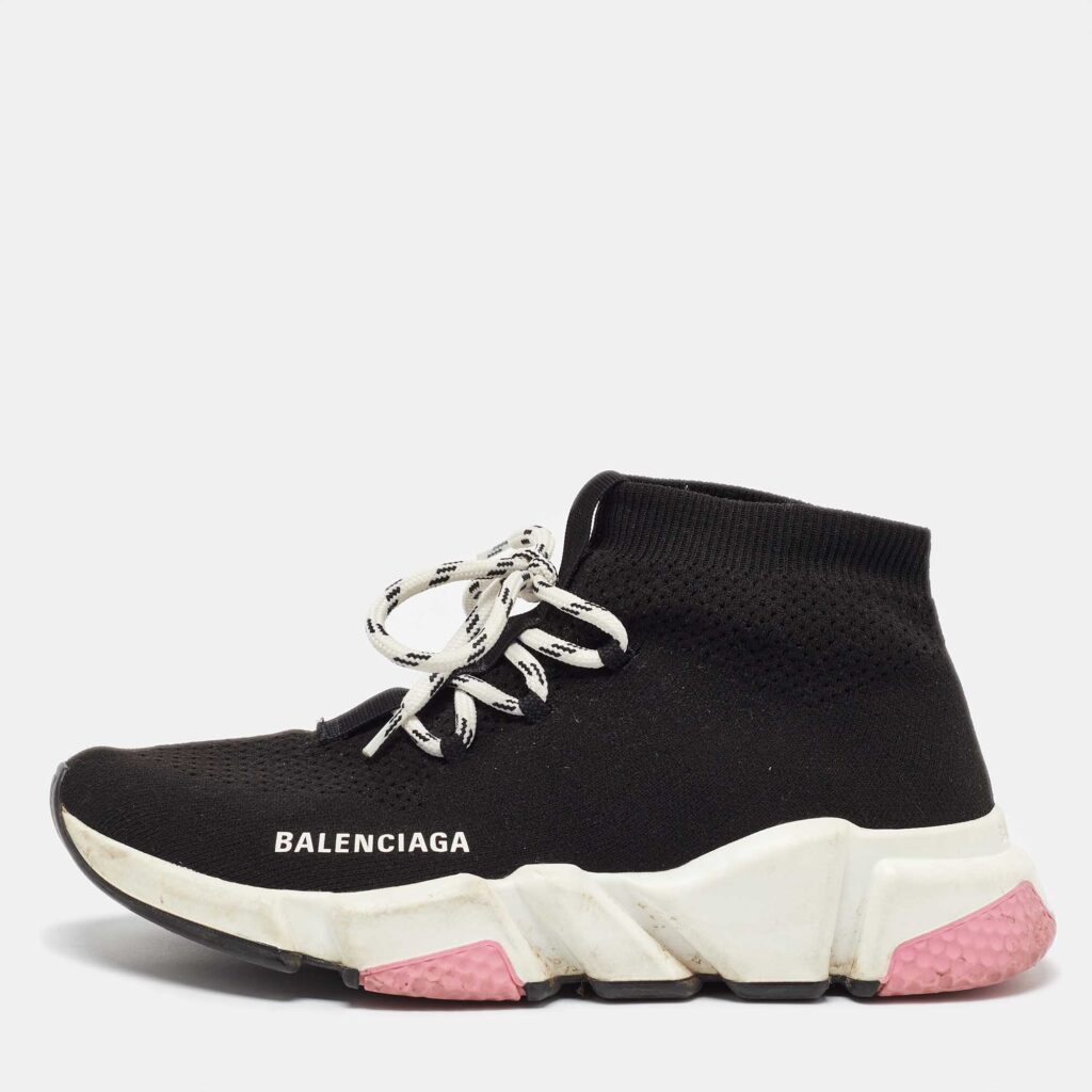 luxury-women-balenciaga-used-shoes-p1073671-003 Balenciaga Black Knit Fabric Speed Trainer Lace up Sneakers Size 37