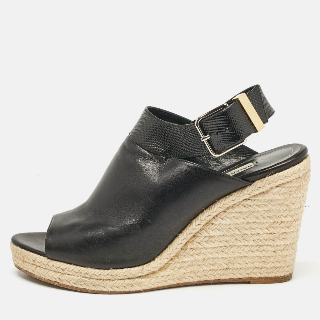 luxury-women-balenciaga-used-shoes-p1077533-010 Balenciaga Black Leather Glove Espadrille Wedge Sandals Size 41