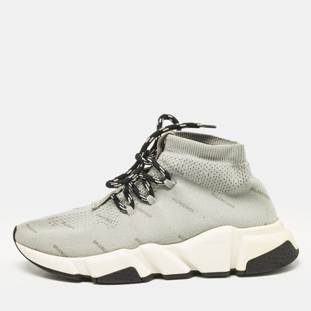 Balenciaga Grey Knit Fabric Speed Trainer Lace Up Sneakers Size 37