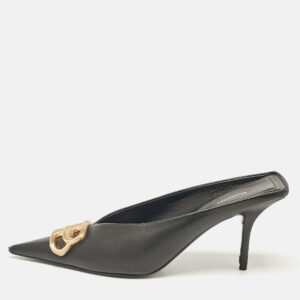 Balenciaga Black Leather Logo Knife Pointed Toe Mules Size 38