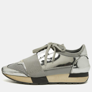 Balenciaga Silver Leather and Mesh Race Runner Sneakers Size 36
