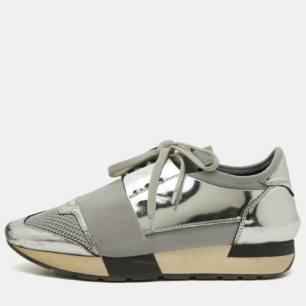 Balenciaga Silver Leather and Mesh Race Runner Sneakers Size 36