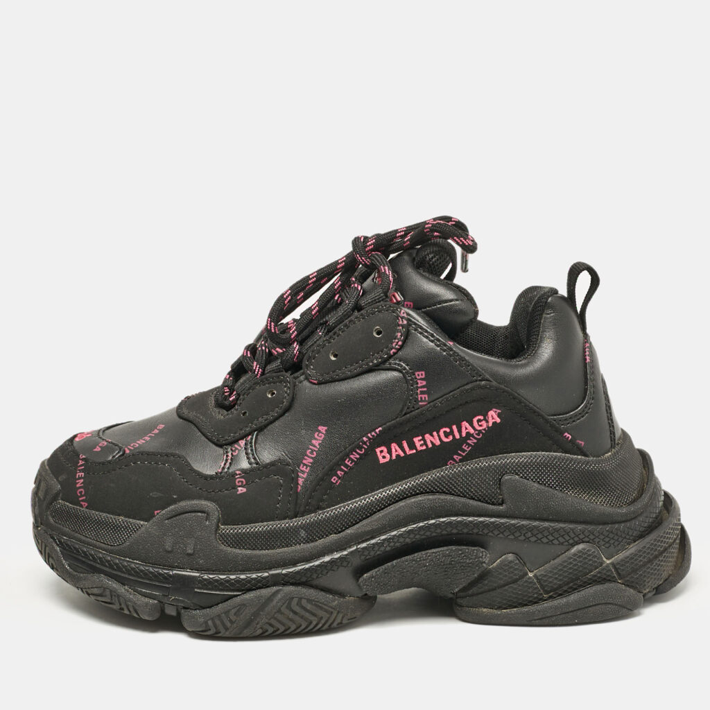 luxury-women-balenciaga-used-shoes-p1099496-004 Balenciaga Black Faux Leather Triple S All Over Logo Sneakers Size 36