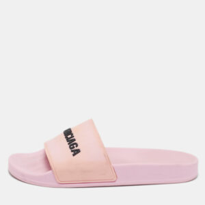 Balenciaga Pink Rubber Logo Embossed Flat Slides Size 39