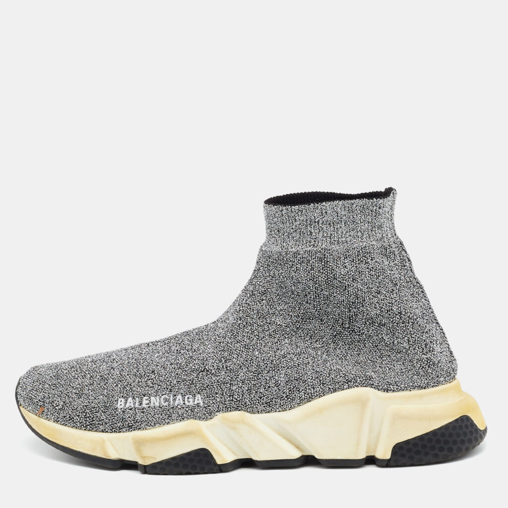 luxury-women-balenciaga-used-shoes-p1101282-003 Balenciaga Silver Knit Fabric Speed Trainer Slip On Sneakers Size 40