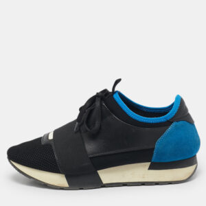 Balenciaga Blue/Black Mesh and Suede Race Runner Low Top Sneakers Size 38