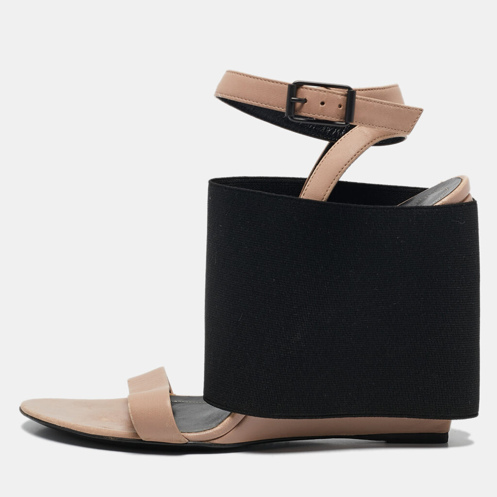 luxury-women-balenciaga-used-shoes-p1108745-001 Balenciaga Beige Elastic and Leather Wedge Ankle Strap Sandals Size 39.5