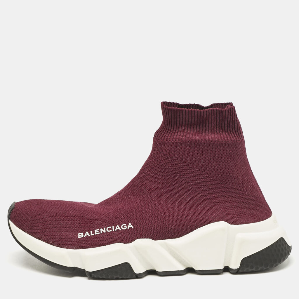 luxury-women-balenciaga-used-shoes-p1110144-010 Balenciaga Burgundy Knit Fabric Speed Trainer Sneakers Size 36