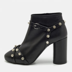 Balenciaga Black Leather Studded Zip Ankle Boots Size 37