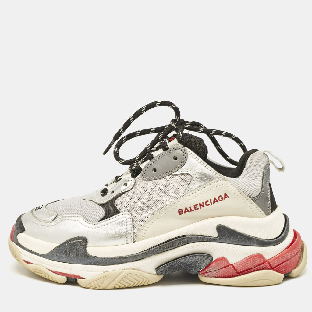 luxury-women-balenciaga-used-shoes-p1121769-001.jpg Balenciaga Silver/Black Faux Leather and Mesh Triple S Sneakers Size 38