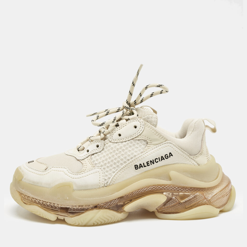 luxury-women-balenciaga-used-shoes-p1124819-001 Balenciaga White/Grey Faux Leather and Mesh Triple S Low Top Sneakers Size 38