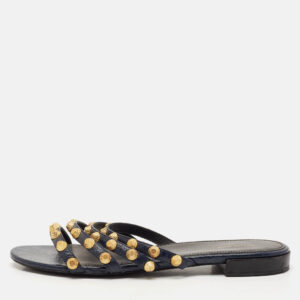 Balenciaga Navy Blue Leather Arena Flat Sandals Size 39.5