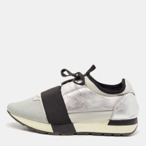 balenciaga silver leather and knit fabric race runner low top sneakers size 39