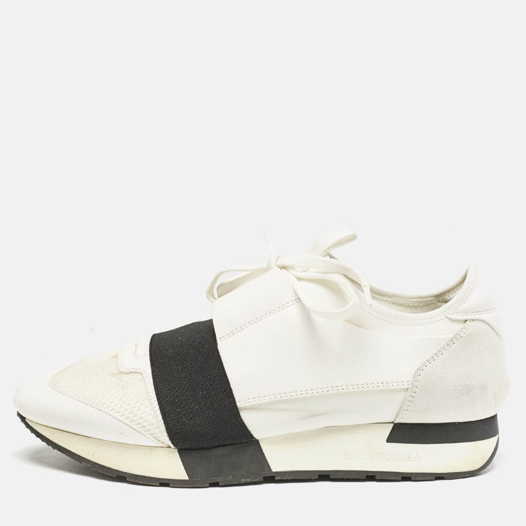 Balenciaga White Mesh and Leather Race Runner Sneakers Size 39