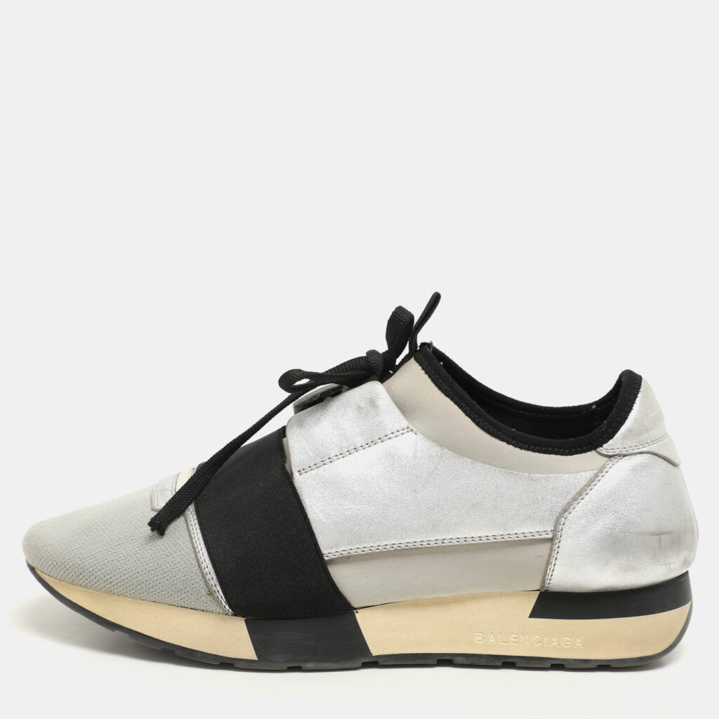 luxury-women-balenciaga-used-shoes-p1147213-009 Balenciaga Silver Leather and Knit Fabric Race Runner Low Top Sneakers Size 39